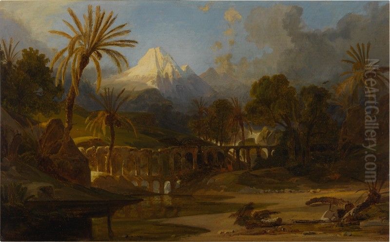 LANDSCAPE WITH PALM TREES AND MOUNTAINOUS VISTA Oil Painting by Prosper Marilhat