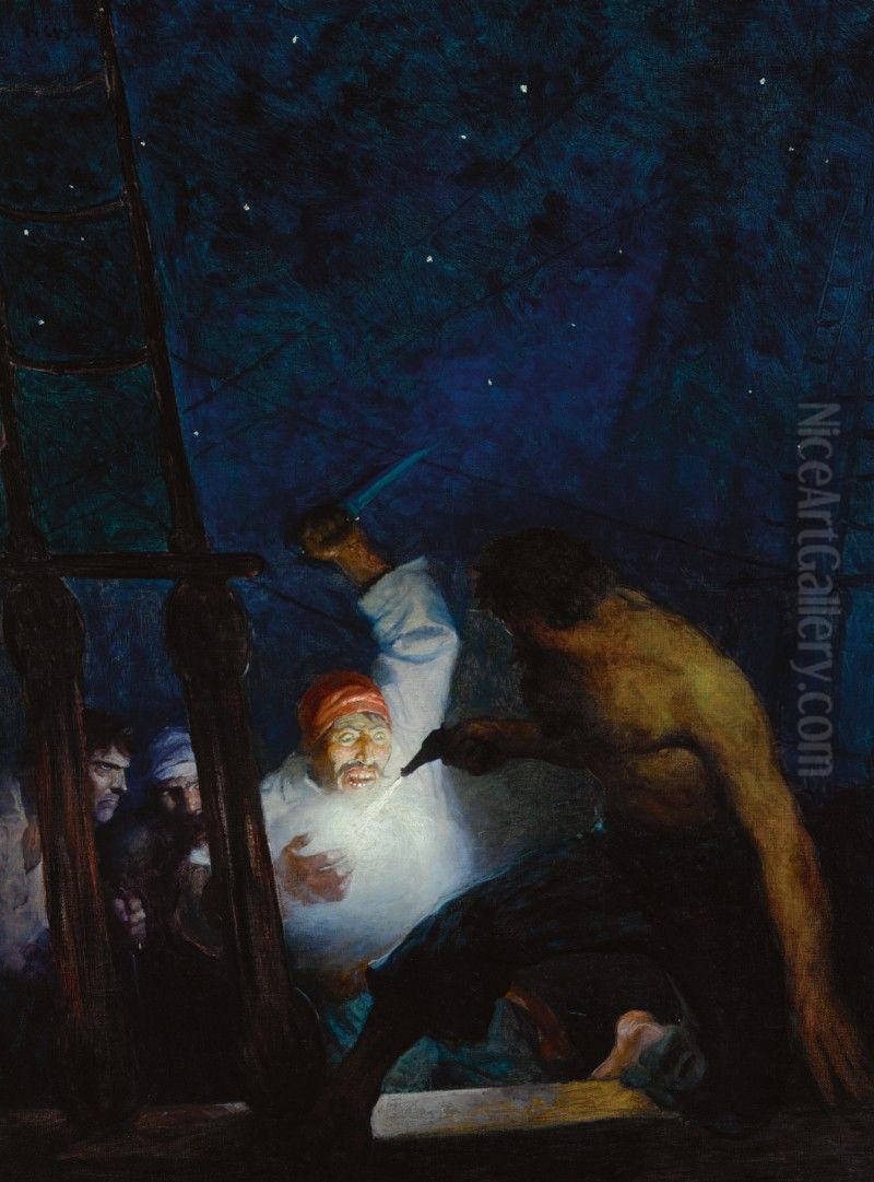 AYRTON'S FIGHT WITH THE PIRATES Oil Painting by N. C. Wyeth