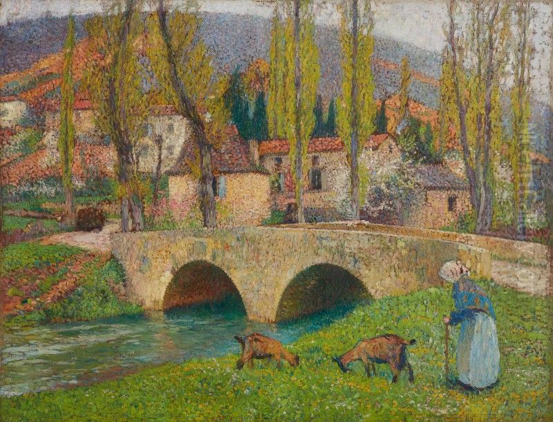 VIEILLE FEMME MENANT DEUX CHEVRES PRES DU PONT DE LABASTIDE DU VERT Oil Painting by Henri-Jean Guillaume Martin