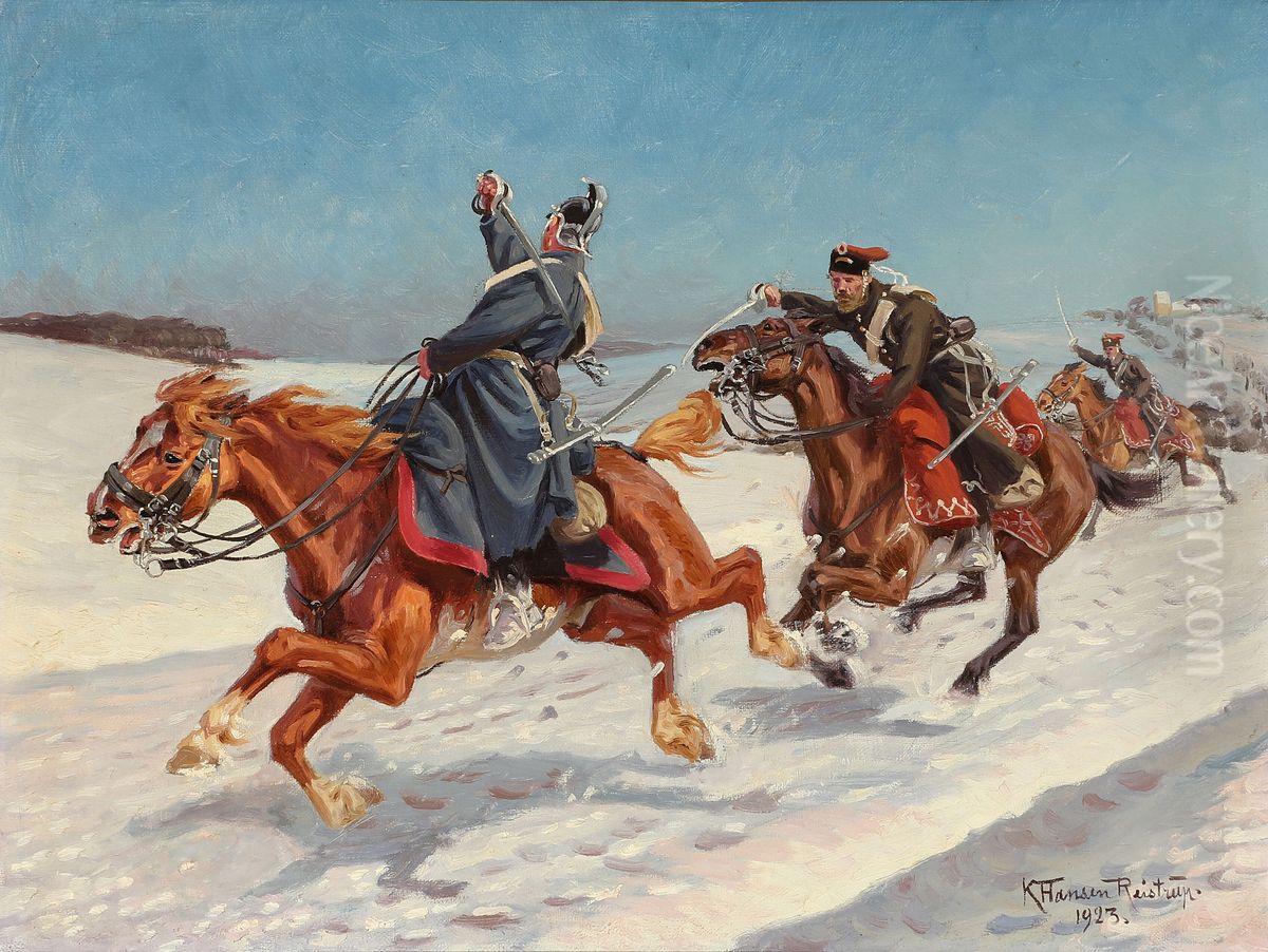 Den jyske dragon, Niels Kjeldsen, i enekamp med to projsiske husarer, i kampene ved Hojen, syd for Vejle i 1864 Oil Painting by Karl Hansen Reistrup