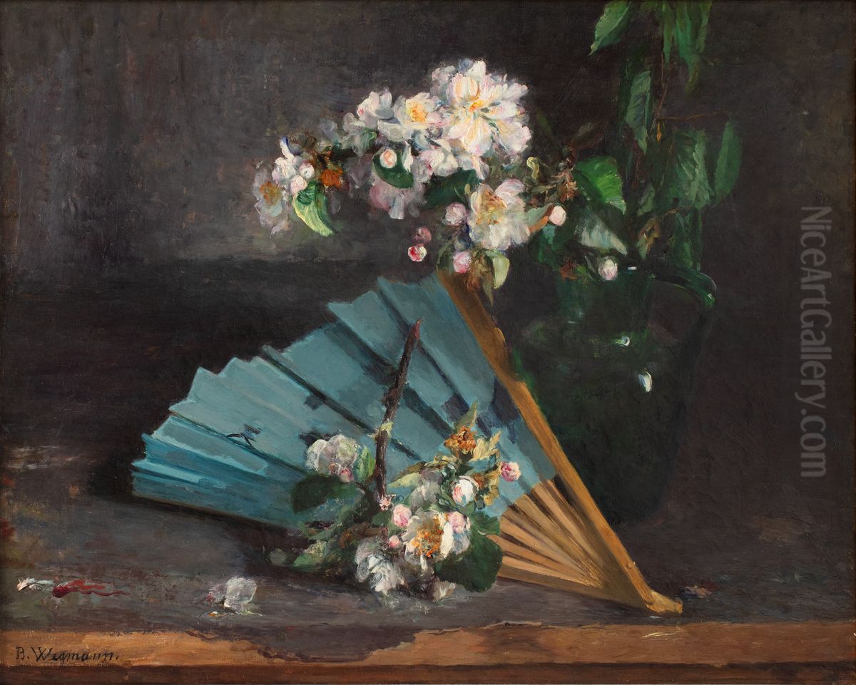 Bla vifte ved en gron kande med blomstrende aeblegren Oil Painting by Bertha Wegmann