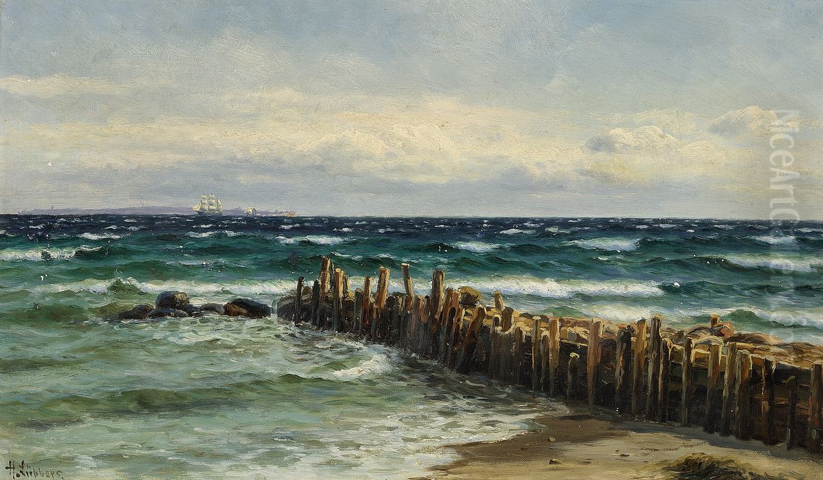 Nordsjaellandsk kystparti med mole og sejlskibe i baggrunden. Oil Painting by Holger Lubbers