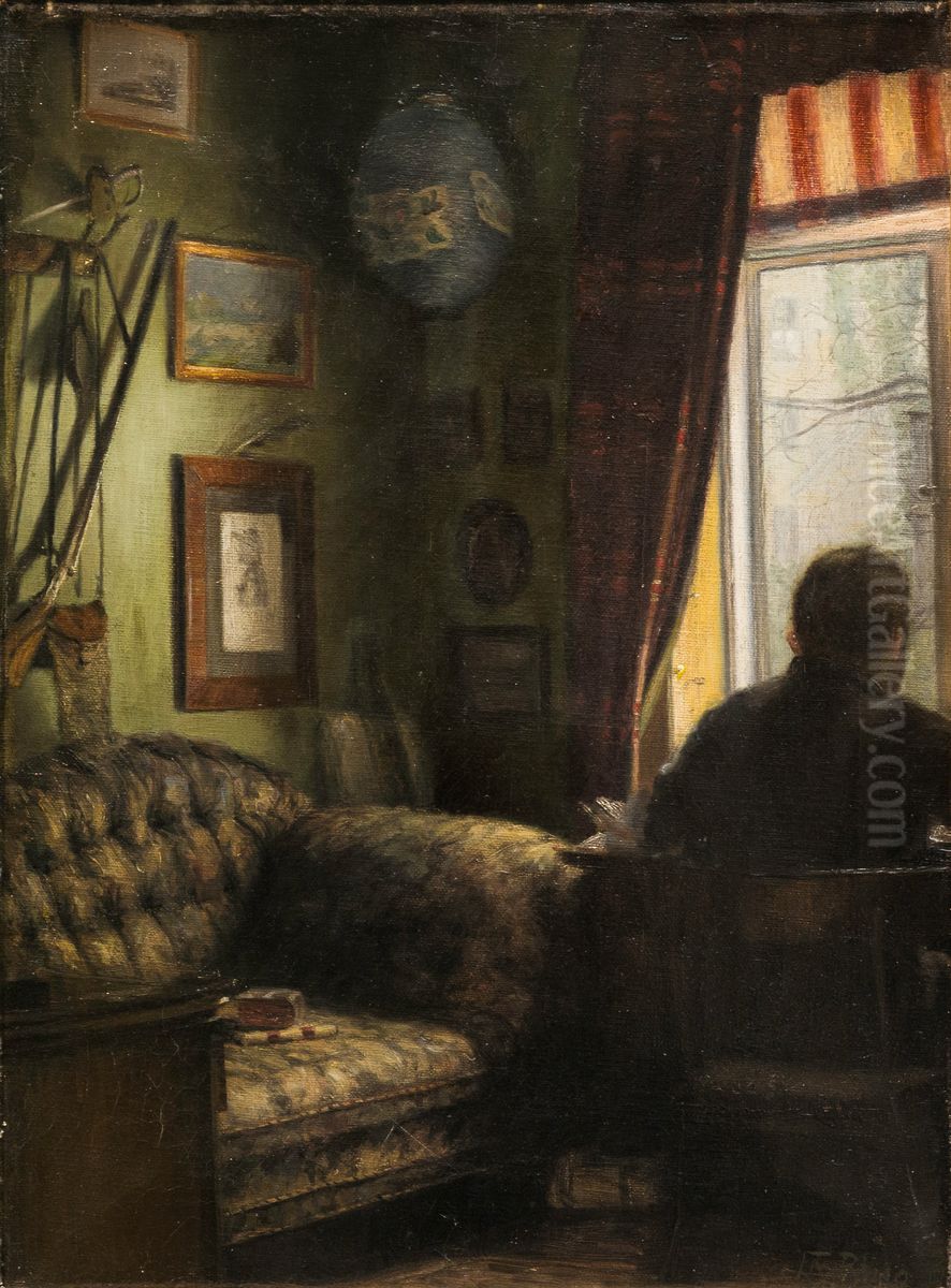 Interior med rygvendt mand (angiveligt Brendekilde) Oil Painting by Laurits Andersen Ring