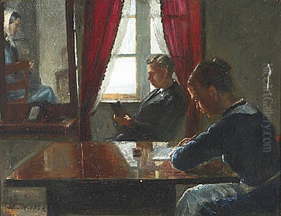 Interior with a man reading and a woman writing. Oil Painting by Laurits Andersen Ring