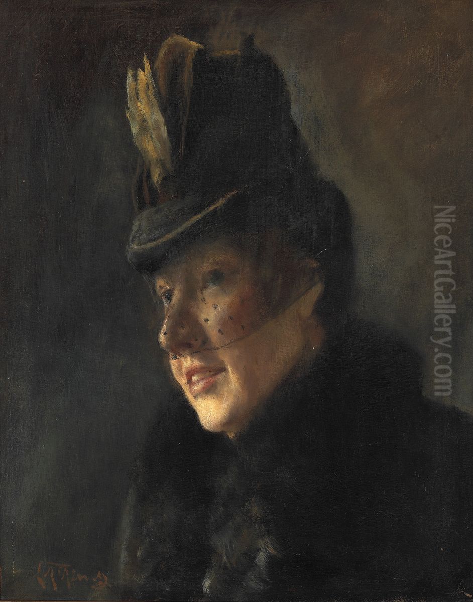 Portraet af en ung kvinde i frakke med pelskrave og hat med slor Oil Painting by Laurits Andersen Ring