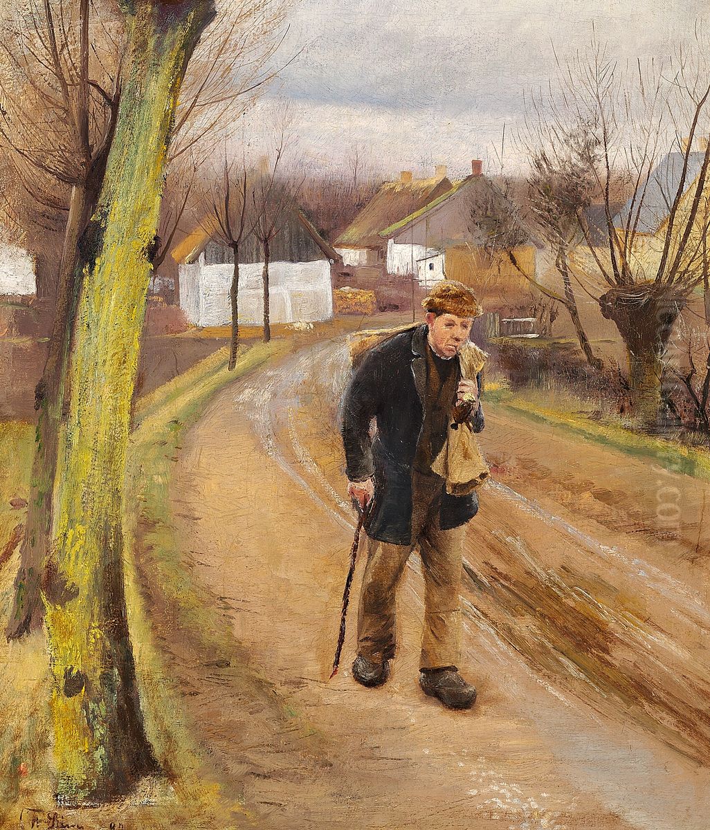 The road through the village of Ring. Grey autumn day. A man is carrying a sack. Oil Painting by Laurits Andersen Ring