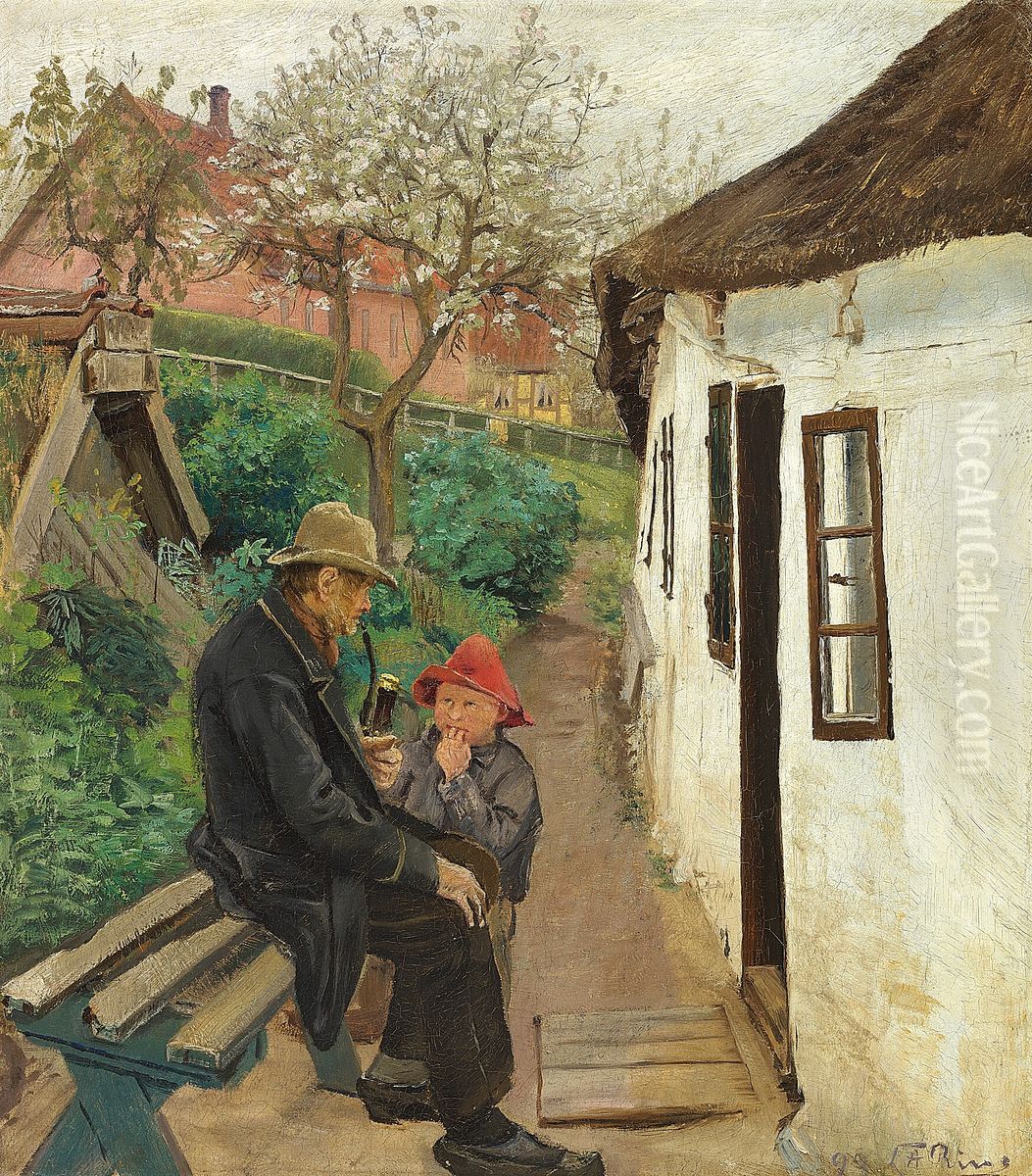 Hos Bedstefader. Udenfor et Hus i Lille Naestved. Oil Painting by Laurits Andersen Ring