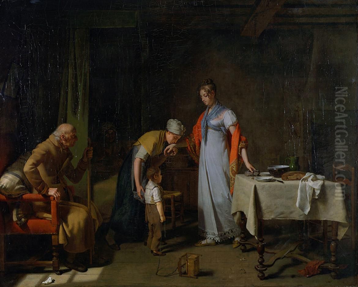 Jeune femme portant secours a une famille malheureuse Oil Painting by Martin Drolling