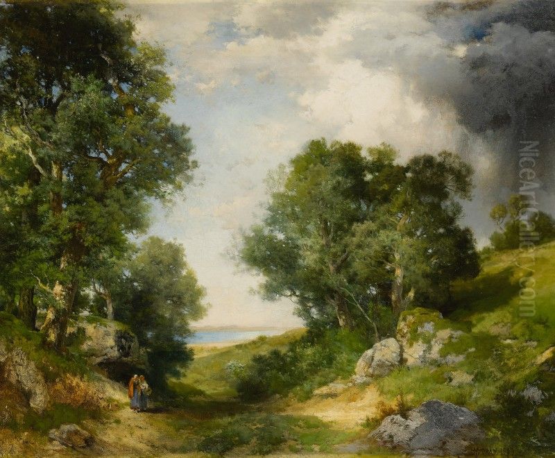 A GLIMPSE OF GREAT POND, MONTAUK Oil Painting by Thomas Moran