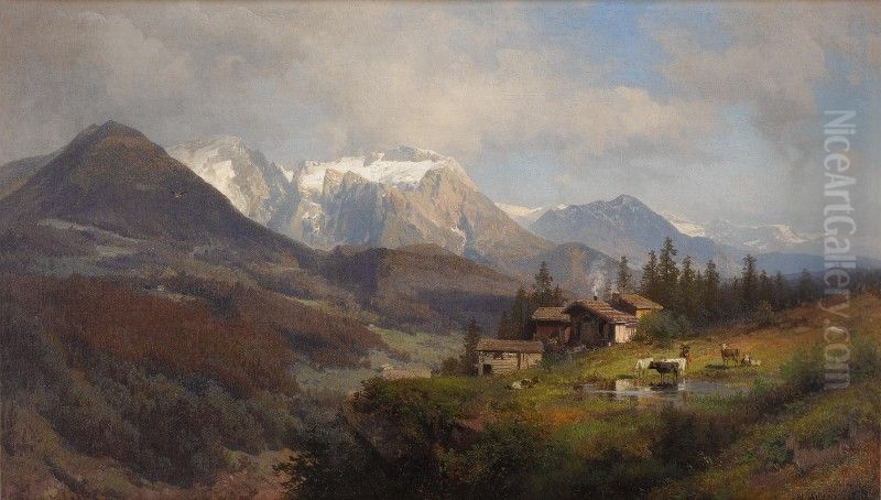 AN ALPINE VILLAGE Oil Painting by Hermann Ottomar Herzog