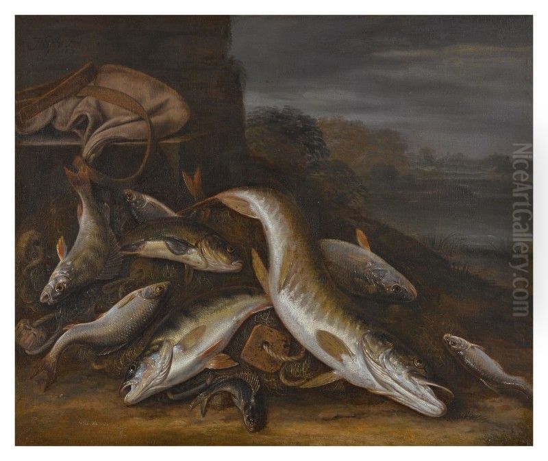 STILL LIFE OF FISH IN A LANDSCAPE Oil Painting by Jacob Gillig
