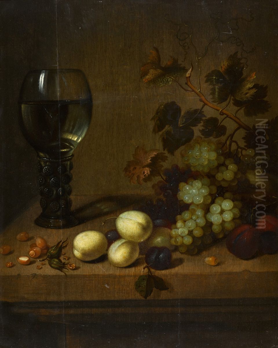 STILL LIFE WITH GRAPES, PLUMS, ACORNS AND A GLASS ROEMER ON A LEDGE Oil Painting by Jean Bouman