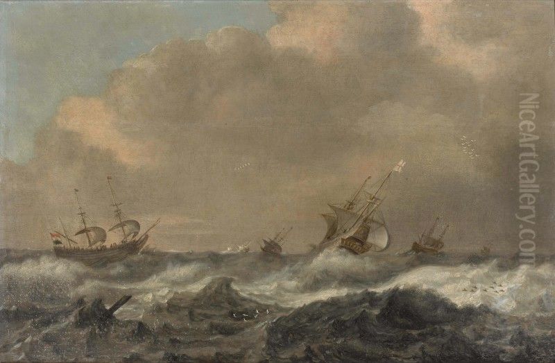 A NAVAL BATTLE BETWEEN ENGLISH AND DUTCH SHIPS IN A ROUGH SEA Oil Painting by Willem van Diest