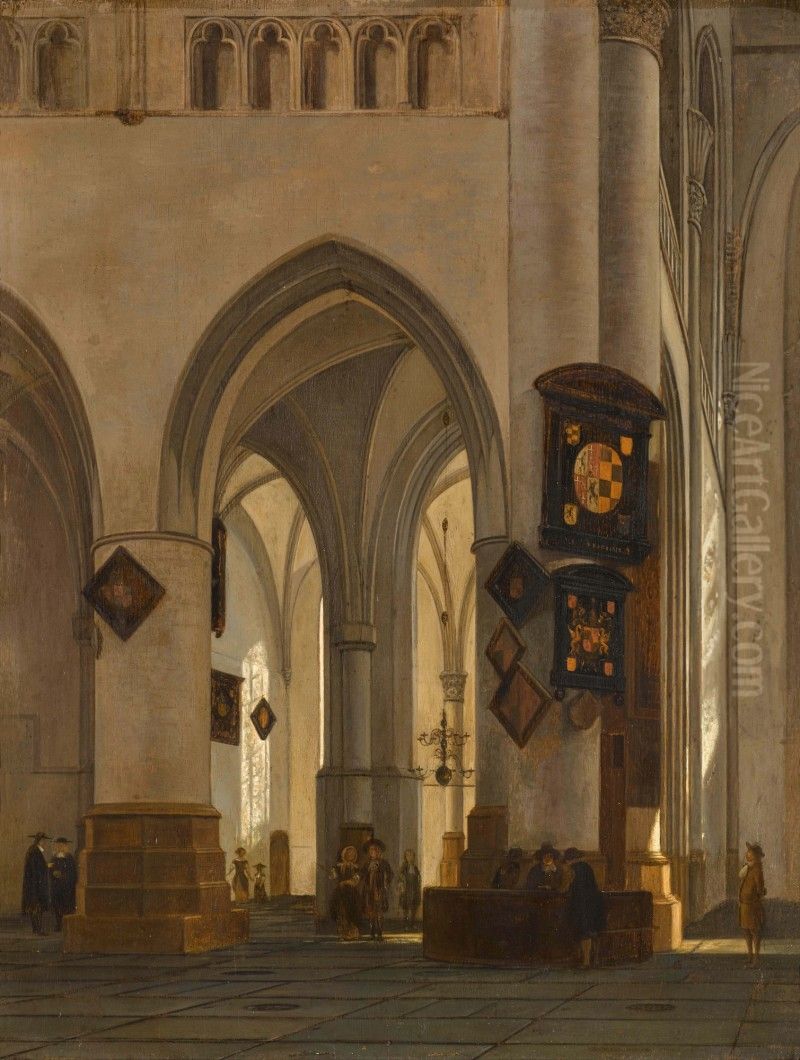 INTERIOR OF ST BAVO CATHEDRAL, HAARLEM, WITH FIGURES CONVERSING Oil Painting by Gerrit Adriaenszoon Berckheyde