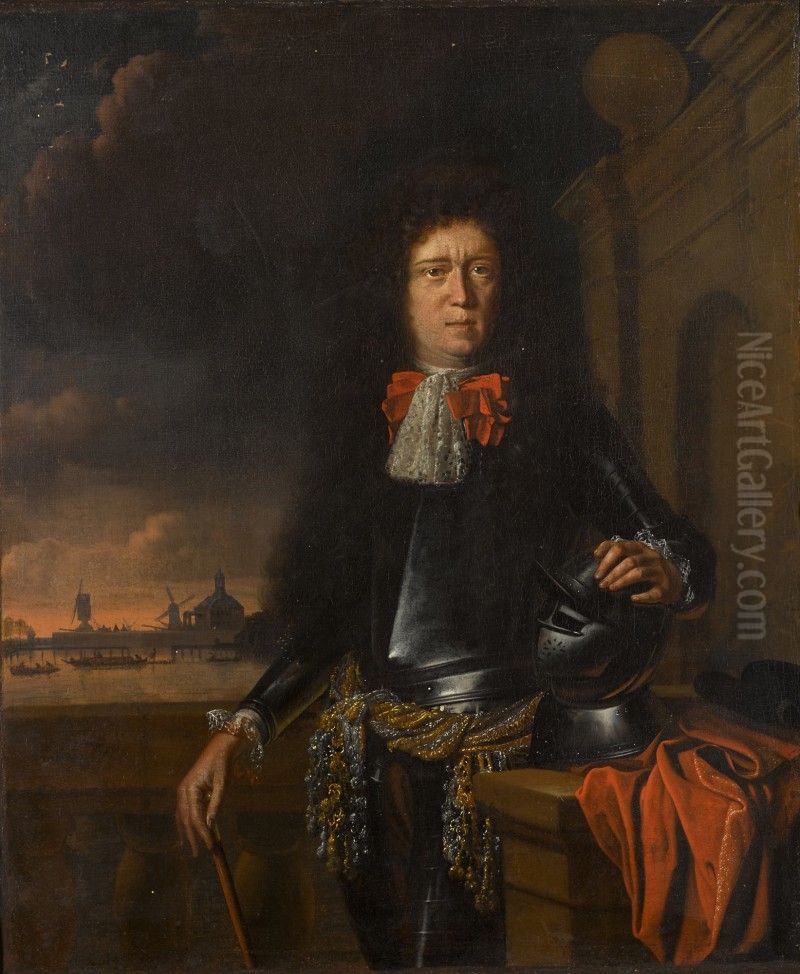 PORTRAIT OF JOAN VAN BROECKHUIZEN (1649-1707), THREE-QUARTER-LENGTH, HIS HAND RESTING ON A HELMET, A VIEW OF THE PORT OF UTRECHT, FROM THE INTERSECTION OF THE AMSTEL AND THE SINGELGRACHT, BEYOND Oil Painting by Ludolf Bakhuizen