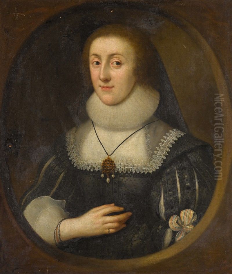 PORTRAIT OF A LADY, HALF-LENGTH, IN A SLASHED BLACK DRESS WITH A LACE COLLAR AND RUFF, POSSIBLY IDENTIFIABLE AS ELIZABETH CARY, VISCOUNTESS FALKLAND Oil Painting by George Geldorp