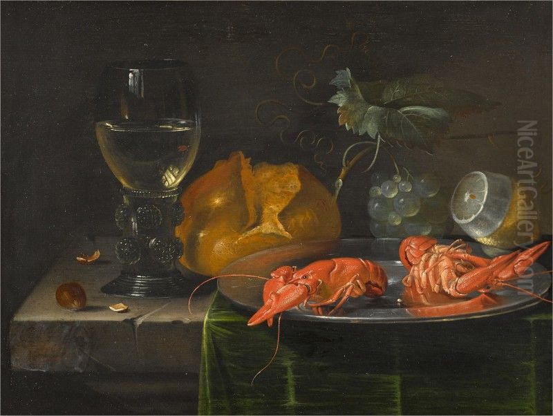 STILL LIFE WITH A ROEMER, A PLATE, TWO LOBSTERS AND FRUIT ON A COVERED TABLE Oil Painting by Jacob Marrel
