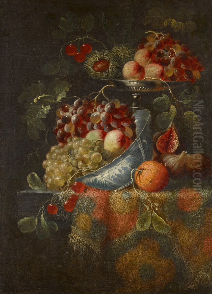 STILL LIFE WITH FRUIT ON A TAZZA AND A PORCELAIN BOWL, ALL ON A CARPET-COVERED TABLE Oil Painting by Pierre Nicolas Huilliot