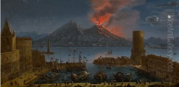 A CAPRICCIO VIEW OF NAPLES WITH VESUVIUS ERUPTING Oil Painting by Juan Ruiz