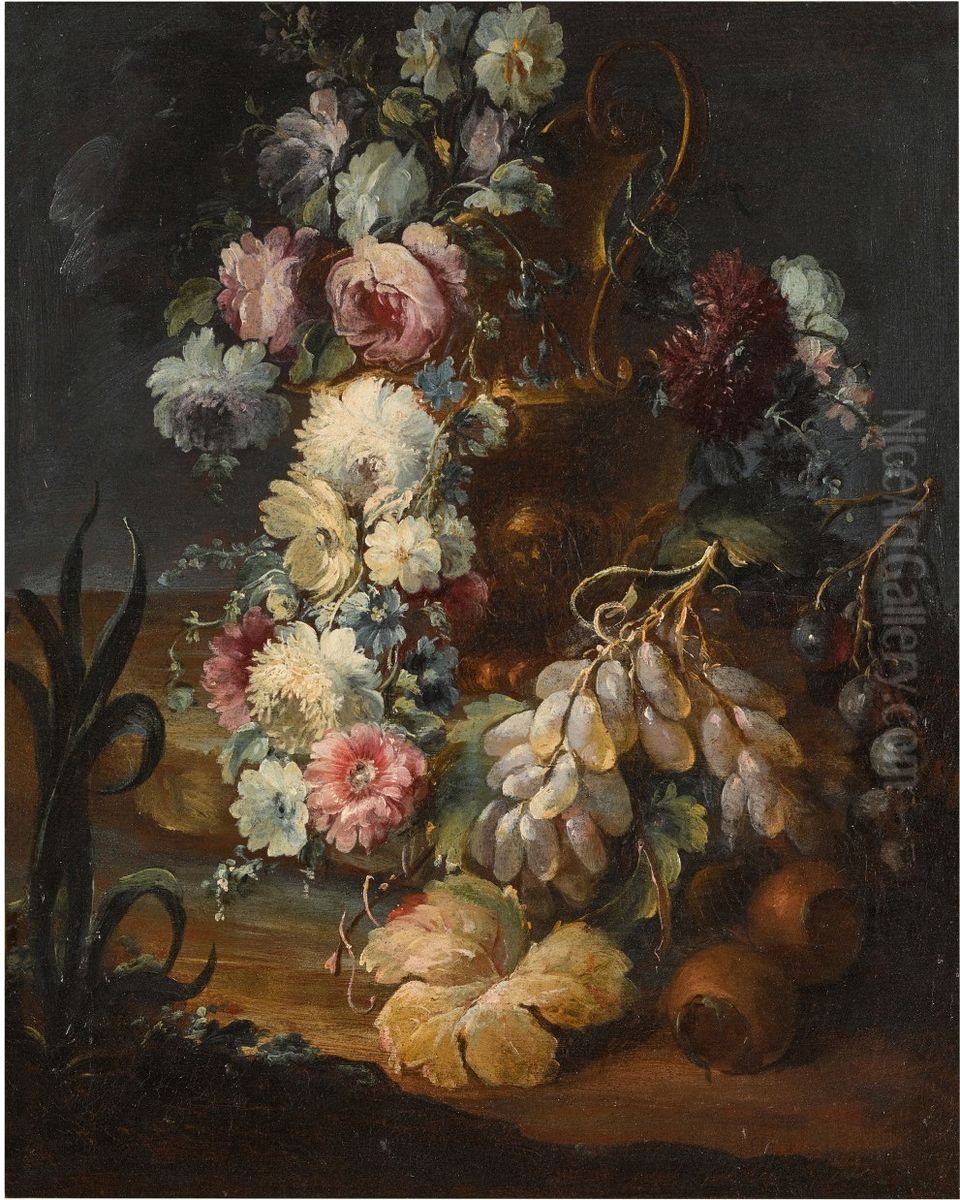 STILL LIFE OF FLOWERS IN A SCULPTED VASE WITH GRAPES AND OTHER FRUIT Oil Painting by Michele Antonio Rapous