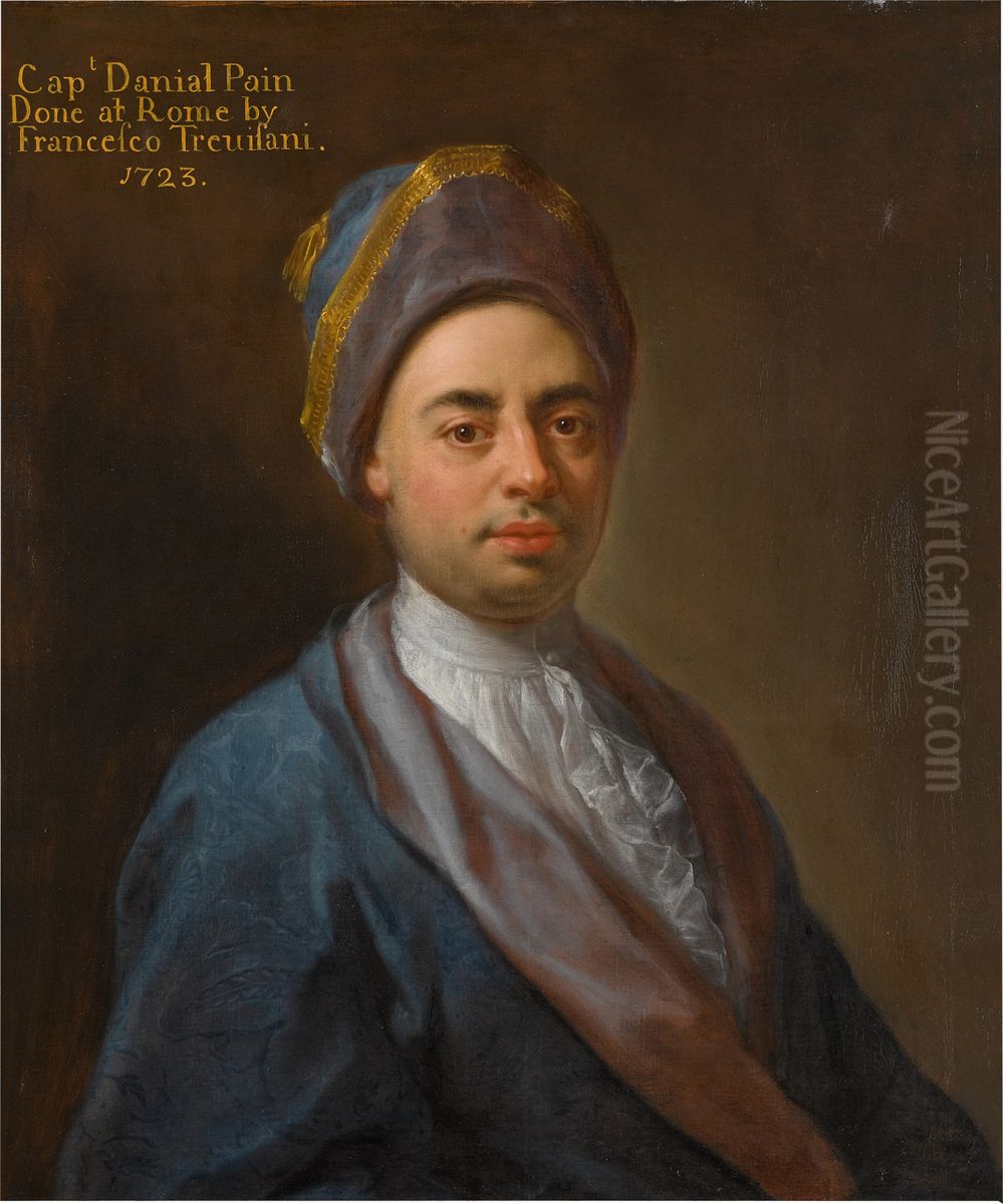 PORTRAIT OF CAPTAIN DANIEL PAIN OF WELFORD, NORTHAMPTONSHIRE, HALF-LENGTH, WEARING A BLUE COAT AND BLUE, MAUVE AND GOLD CAP Oil Painting by Francesco Trevisani