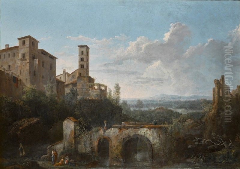 A RIVER LANDSCAPE WITH RUINS OF AN AQUEDUCT Oil Painting by Jules-Cesar-Denis van Loo