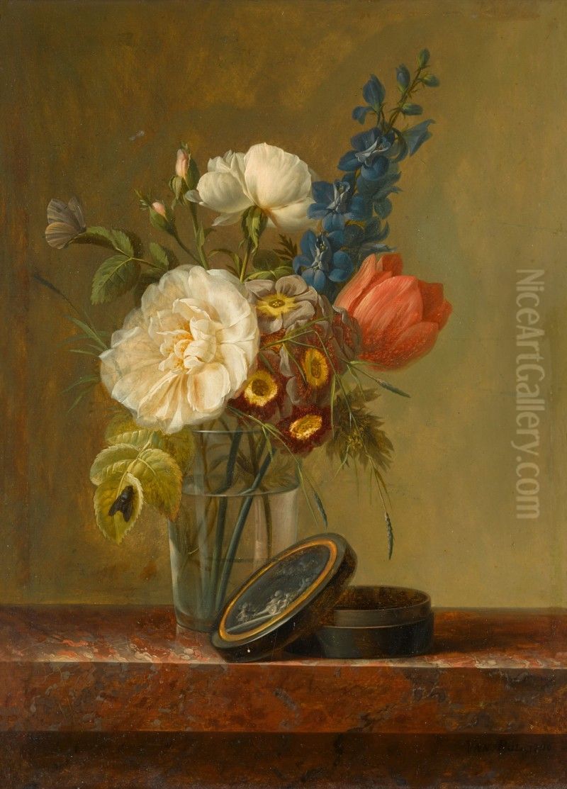 STILL LIFE OF A ROSE, A TULIP, AND OTHER FLOWERS, WITH A PAINTED BOX, ALL ON A MARBLE LEDGE Oil Painting by Christiaan van Pol