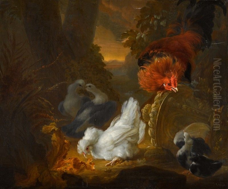 A HEN, COCKEREL AND PIGEONS IN A WOODED LANDSCAPE Oil Painting by Abraham Busschop