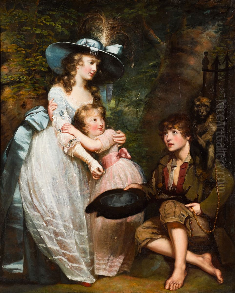 A YOUNG WOMAN AND GIRL OFFERING CHARITY TO A KNEELING BEGGAR BOY WITH A MONKEY ON HIS SHOULDER Oil Painting by James Northcote