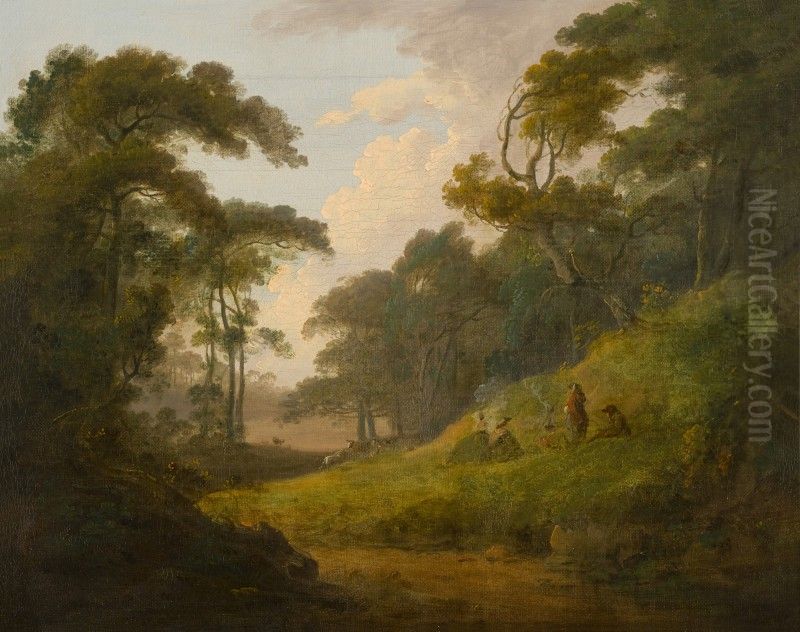 GYPSIES AROUND A CAMPFIRE IN A CLEARING Oil Painting by George Morland