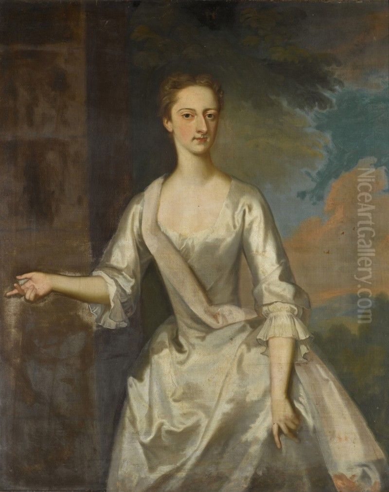 PORTRAIT OF MISS JONES, THREE-QUARTER-LENGTH, IN A WHITE DRESS Oil Painting by Enoch Seeman