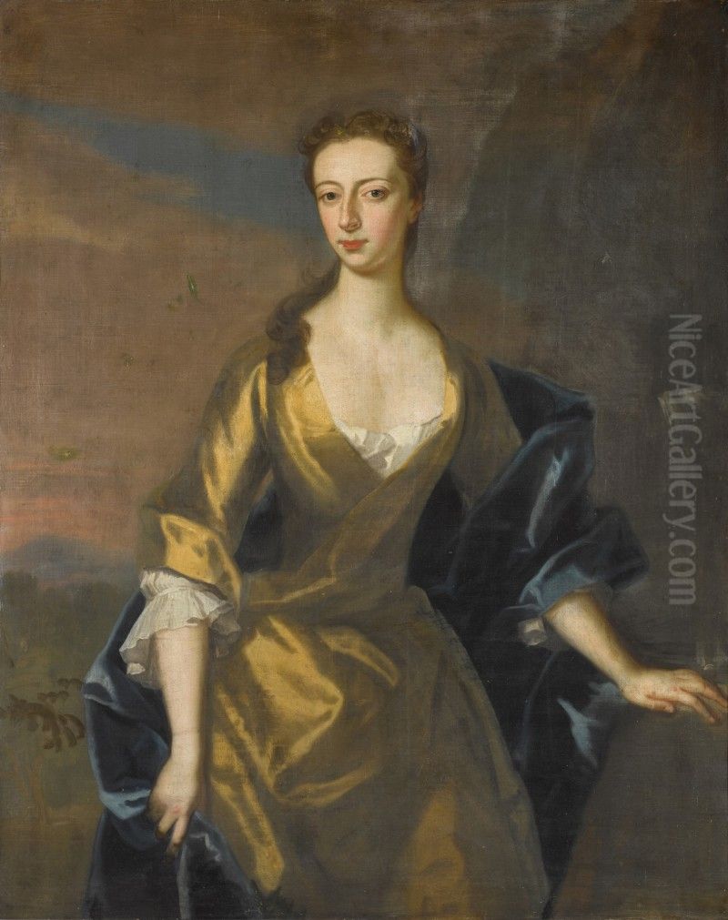 PORTRAIT OF MISS JONES, THREE-QUARTER-LENGTH, IN A YELLOW DRESS Oil Painting by Enoch Seeman