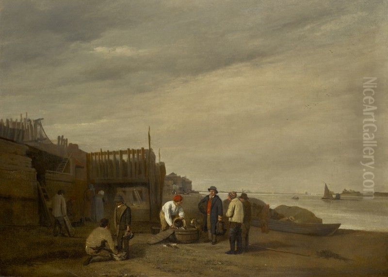 FISHERMAN ON A BEACH WITH THEIR CATCH Oil Painting by Augustus Wall Callcott