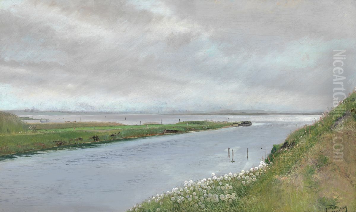 Ved aens udlob. Blomsterbevokset skraent til hojre. Pa den anden side af aen en lang landtange ud i fjorden. Karrebaeksminde Oil Painting by Laurits Andersen Ring