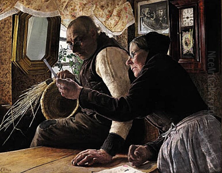 De gamle har faet brev. Oil Painting by Laurits Andersen Ring