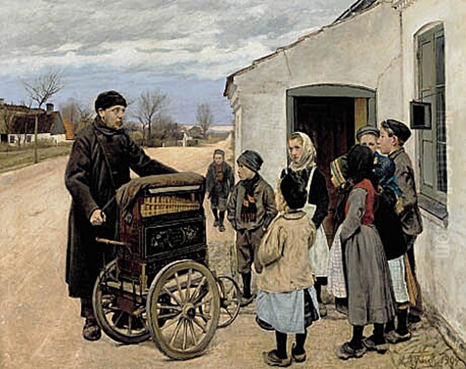 An organ grinder playing for the children of a village. Oil Painting by Laurits Andersen Ring