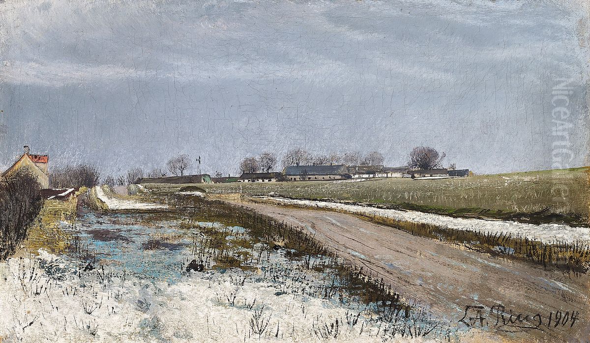 Vinterdag med sne. Landevej i Graavejr. Oil Painting by Laurits Andersen Ring