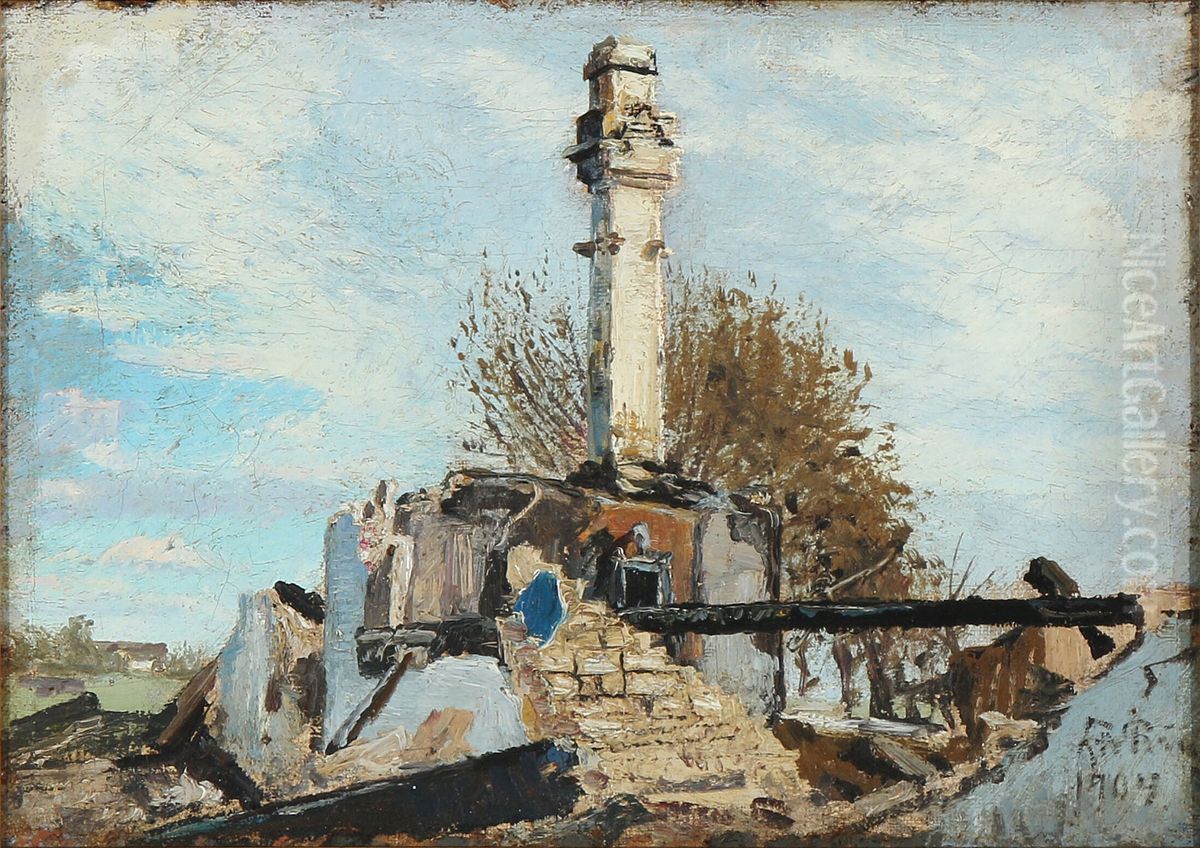 A burnt down farmhouse, only the chimney is still standing Oil Painting by Laurits Andersen Ring