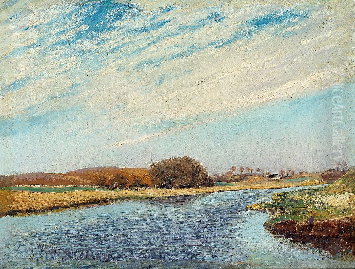 The Susaa river at Naestved, Denmark. To the left some bushes, further back a house and some willow trees. Oil Painting by Laurits Andersen Ring