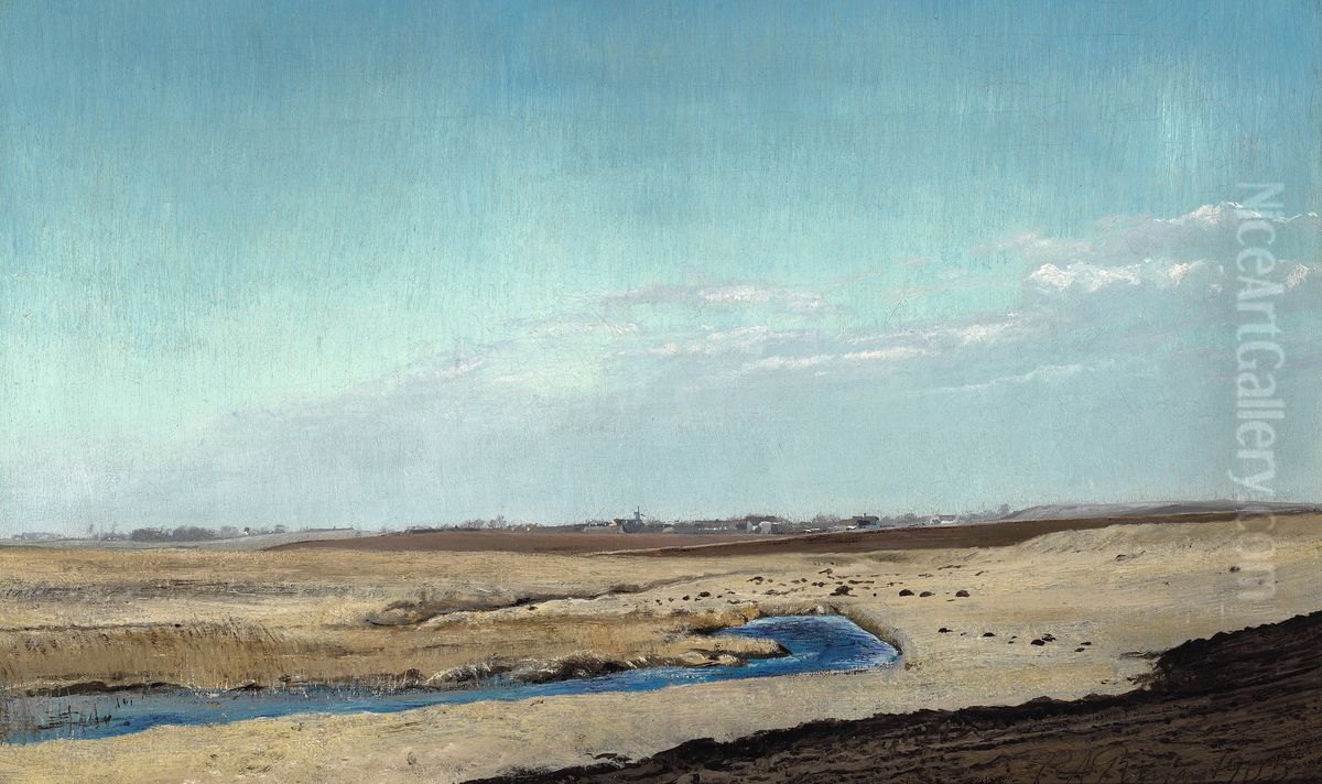 Spring landscape by a marsh. Clear sky and wind Oil Painting by Laurits Andersen Ring