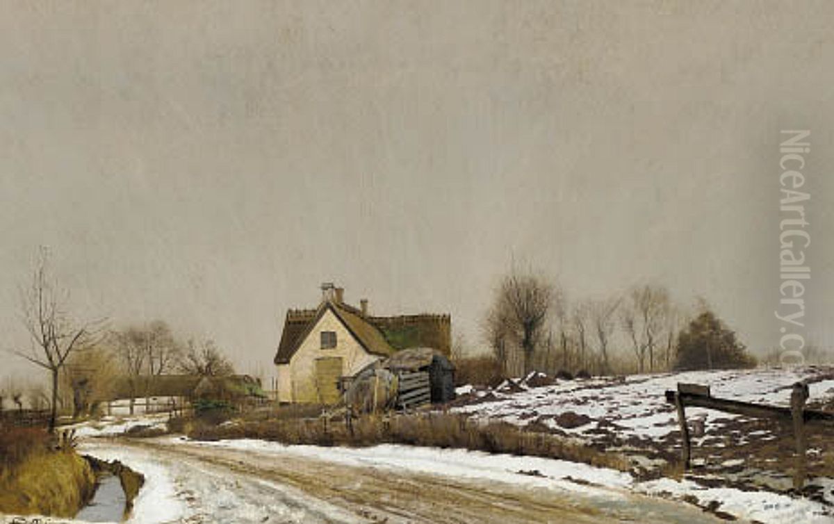 Vinterlandskab med Sne. En Landevej
forbi et Hus midt i Billedet. Oil Painting by Laurits Andersen Ring