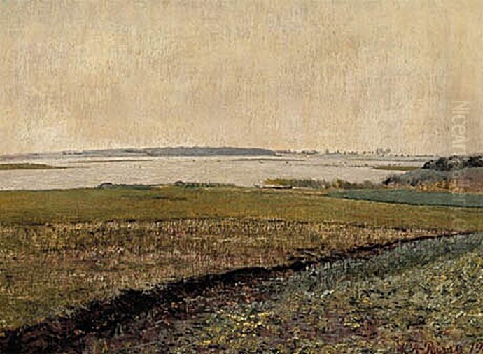 Fjordlandskab. Gronne enge i forgrunden. I baggrunden fjorden. Oil Painting by Laurits Andersen Ring