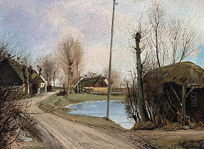 Landsbygade. Til hojre i forgrunden et skur med halmtag. Oil Painting by Laurits Andersen Ring