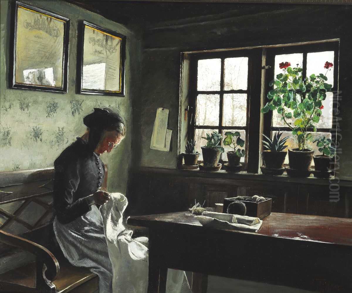 Interior med syende kone Oil Painting by Laurits Andersen Ring