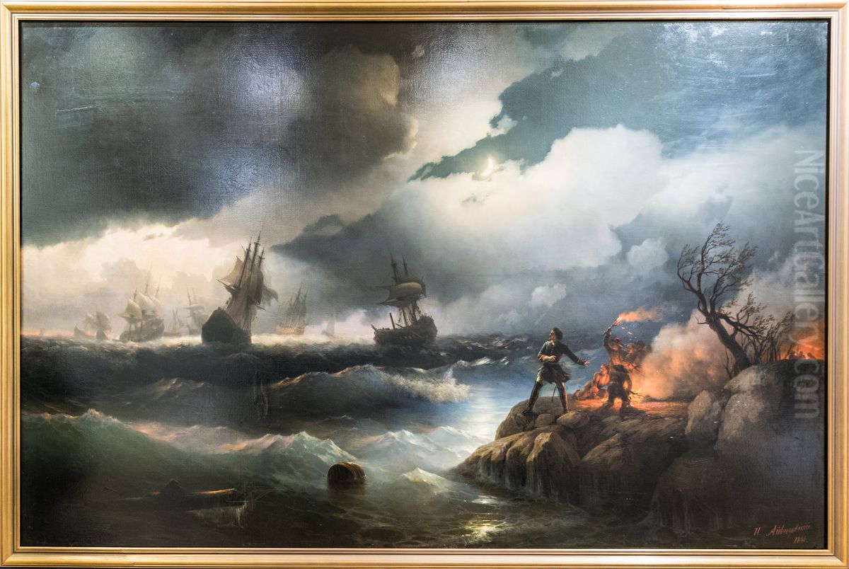 Peter I at Krasnaya Gorka Lighting a Fire on the Shore to Signal to his Sinking Ships Oil Painting by Ivan Aivazovsky