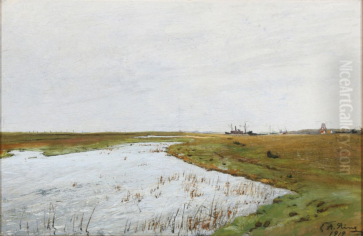 Oversvommet eng pa Eno. I baggrunden ses Karrebaeksminde havn Oil Painting by Laurits Andersen Ring