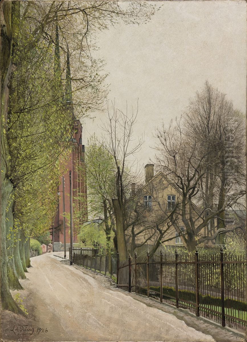 Roskilde Cathedral seen from the road to Fjordvilla. Oil Painting by Laurits Andersen Ring