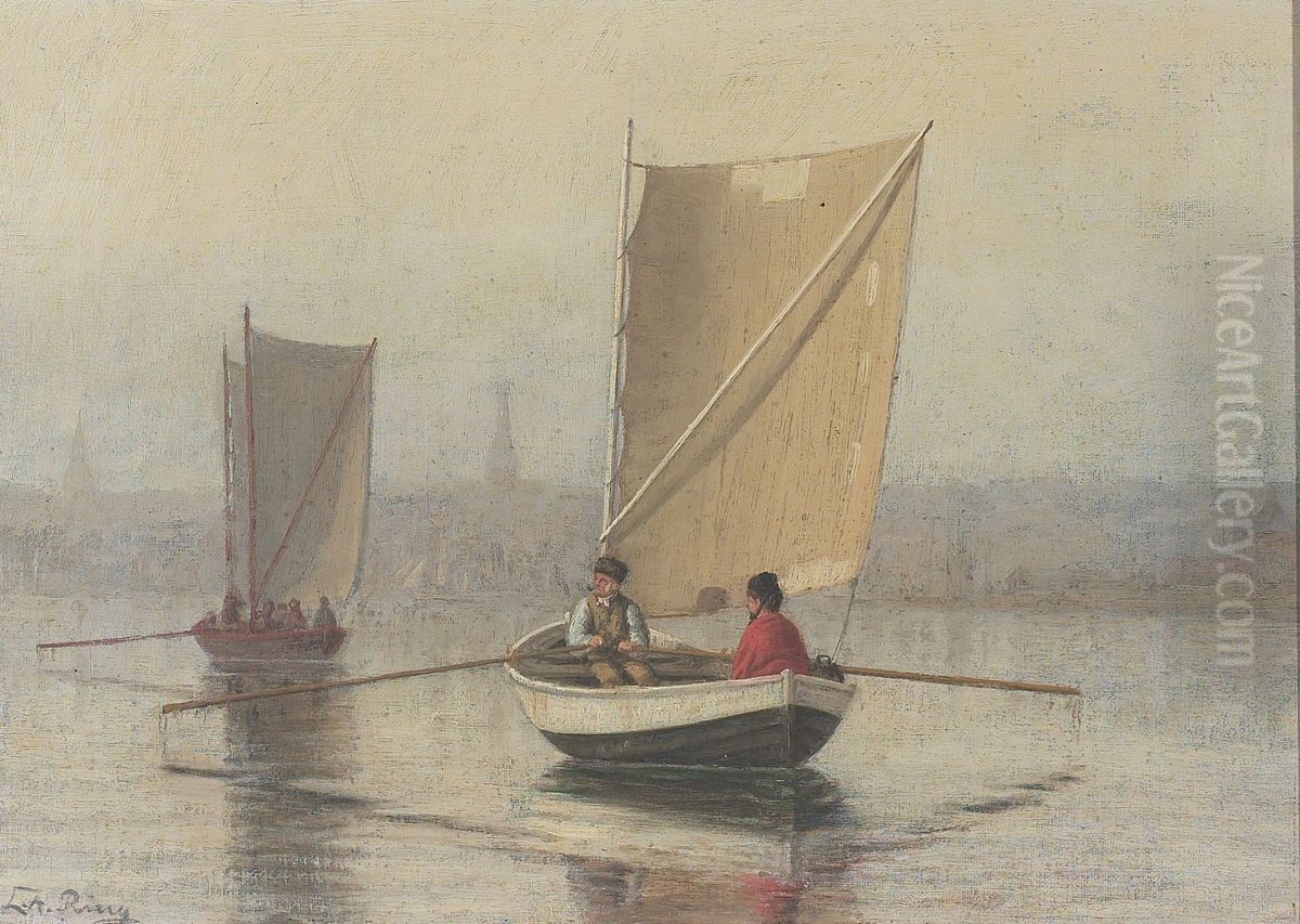 A foggy morning. Boats on their way from Thuro to Svendborg, Denmark. Oil Painting by Laurits Andersen Ring