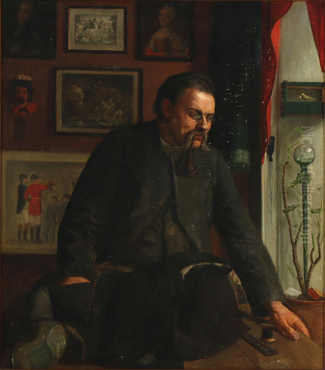 Interior med en piberygende skraedder siddende pa et bord Oil Painting by Laurits Andersen Ring