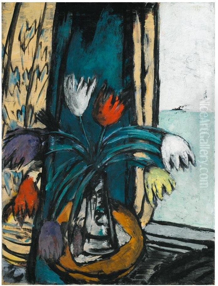 (STILL LIFE WITH TULIPS AND A VIEW OF THE SEA) Oil Painting by Max Beckmann